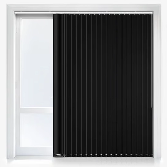 Black vertical blinds on a white patio door.