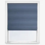 Blue Roman blind partially closed on a white window
