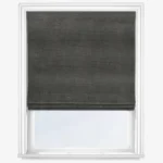 Charcoal gray Roman blind in a white window frame