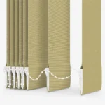 Close-up of vertical blind slats with white link chain