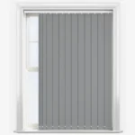 Grey vertical blinds on a white window frame
