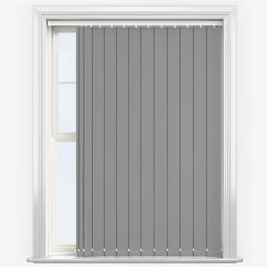 Grey vertical blinds on a white window frame