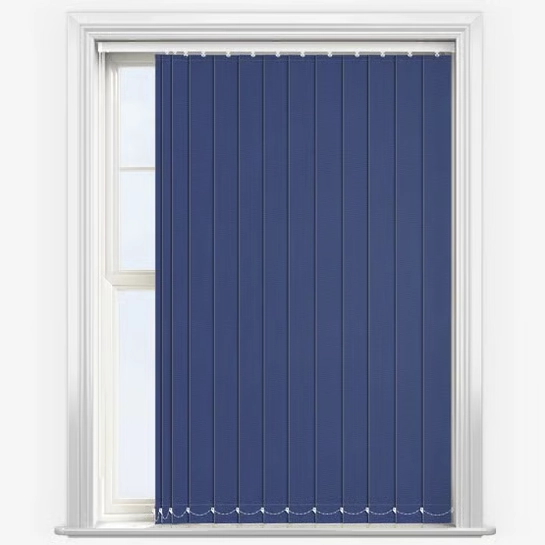 Navy blue vertical blinds in a white window frame