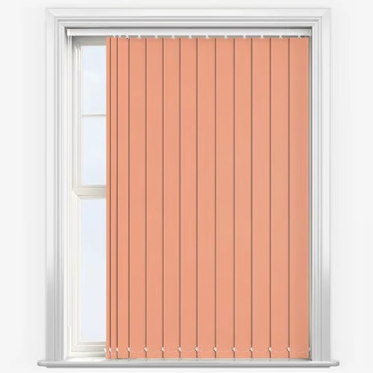 Peach vertical blinds on a white window frame