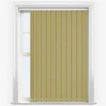 Sage green vertical blinds in a white window frame