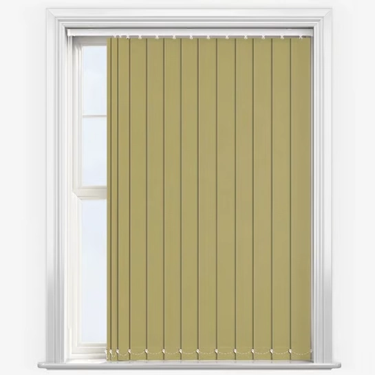 Sage green vertical blinds in a white window frame