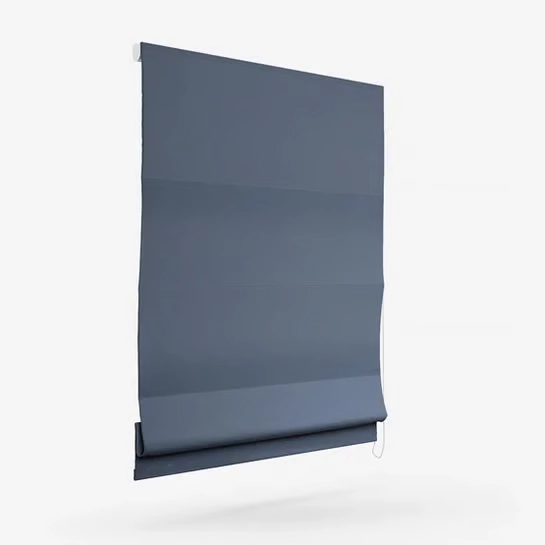 Side view of a blue roman blind against a white background