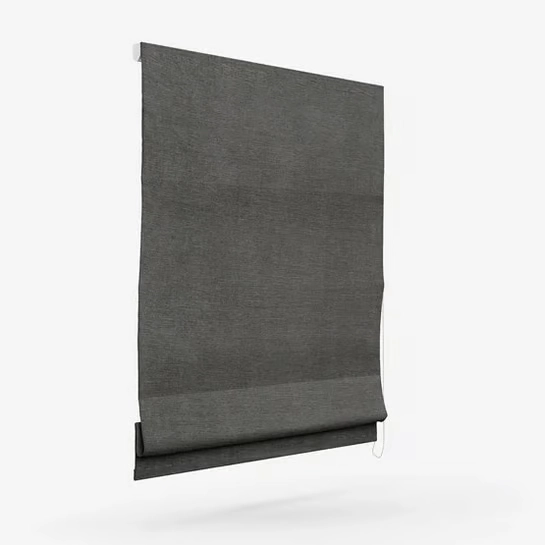 Side view of a dark gray textured Roman blind