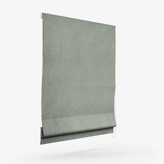 Side view of a sage green textured roman blind