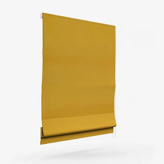 Side view of a yellow Roman blind against a white wall
