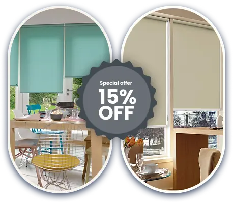 Teal and beige roller blinds, dining and living rooms