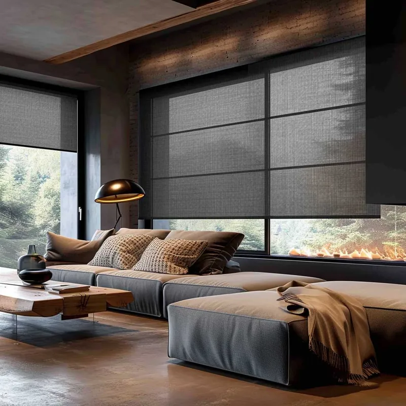 Textured gray roller blinds in modern living room